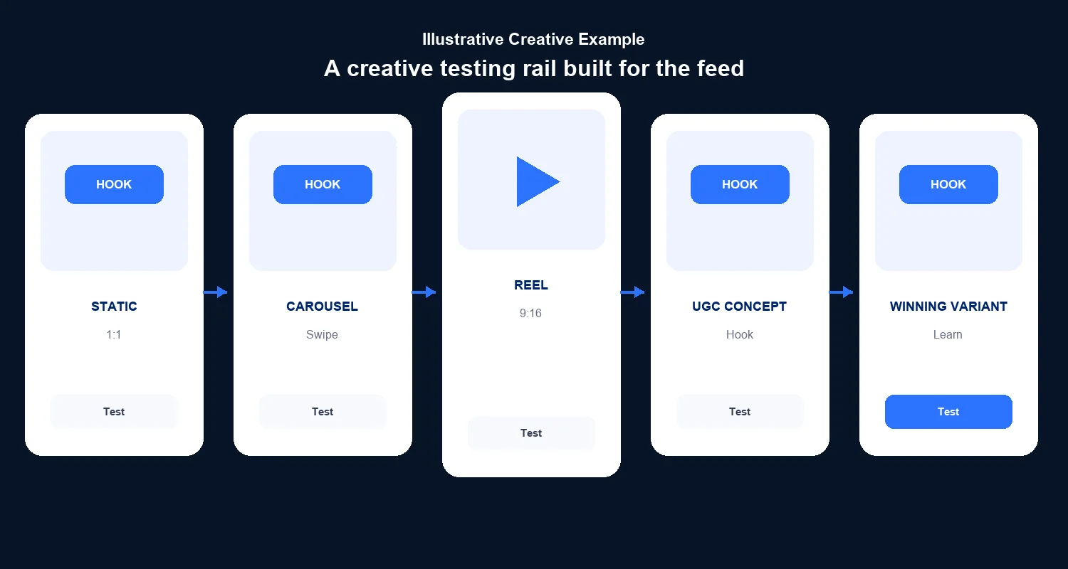 Illustrative creative testing sequence from static and carousel ads through Reels and a UGC-style concept to a winning variant