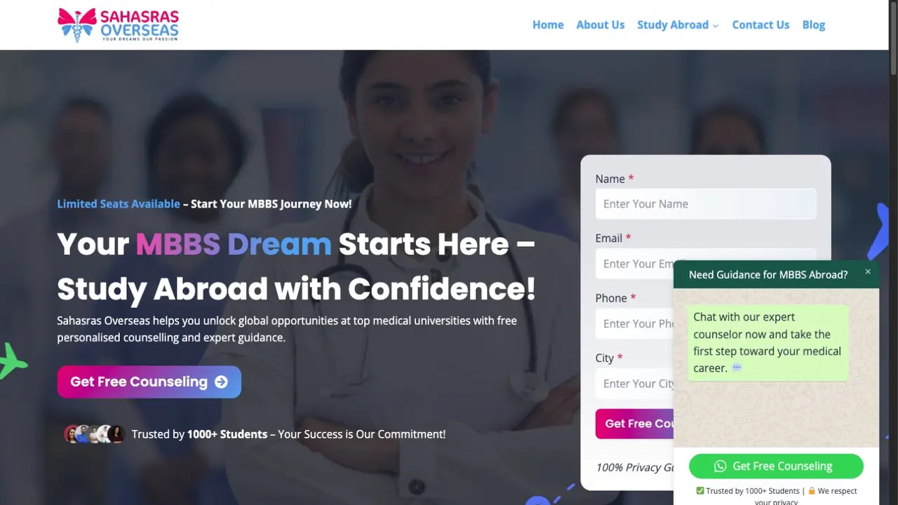 Sahasras Overseas website homepage