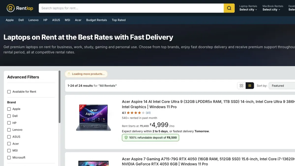 Rentlap laptop rental catalogue and product discovery interface