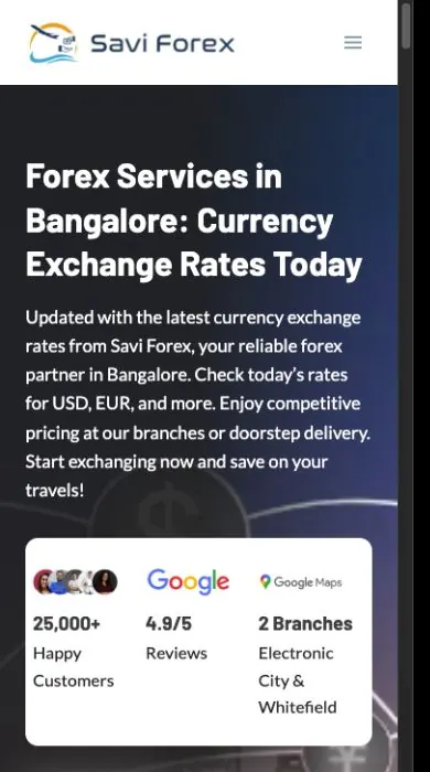 Savi Forex homepage displayed in a mobile layout