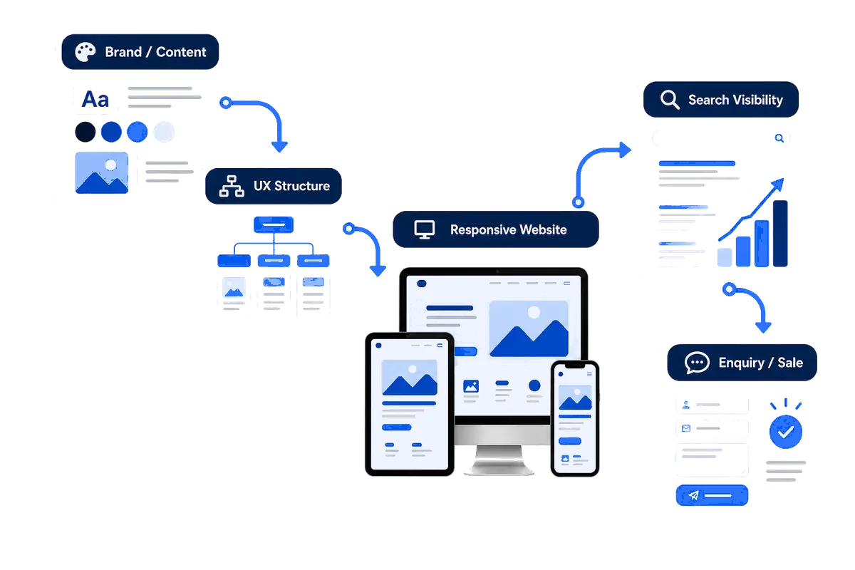 Brand and content flowing through UX structure and a responsive website to search visibility and an enquiry or sale